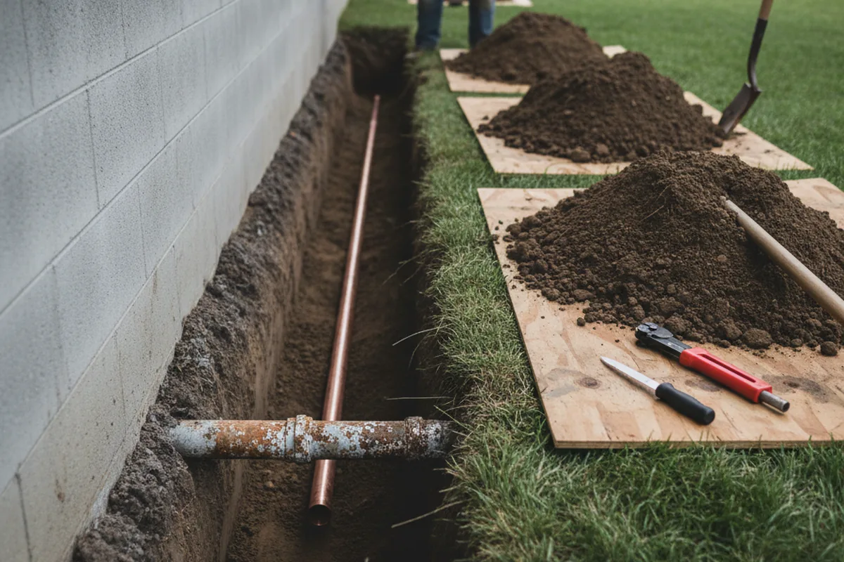 Excavated water line trench during Water Softener Installation in Upland